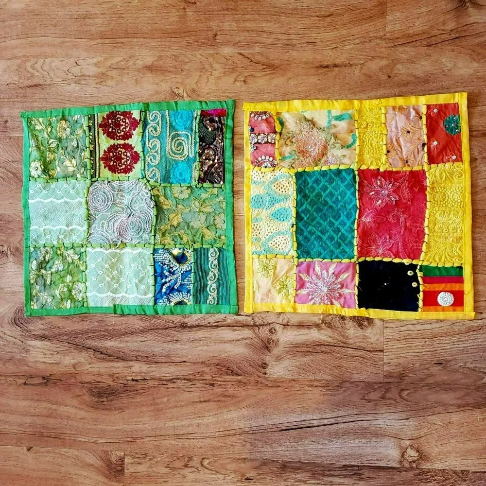 Handmade Embroidered Sequined Quilted Pillow Covers, Set of 2, Colorful Boho